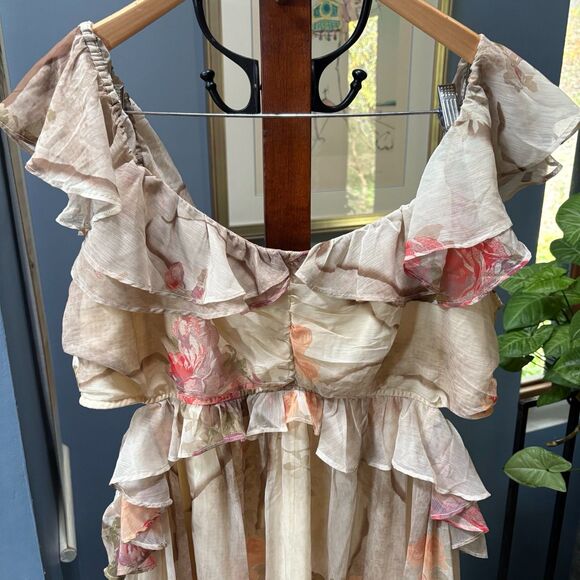 ASOS Curve Floral Patchwork Off‑Shoulder Cut‑Out Tiered Ruffle Midi Dress XL - Picture 2 of 9